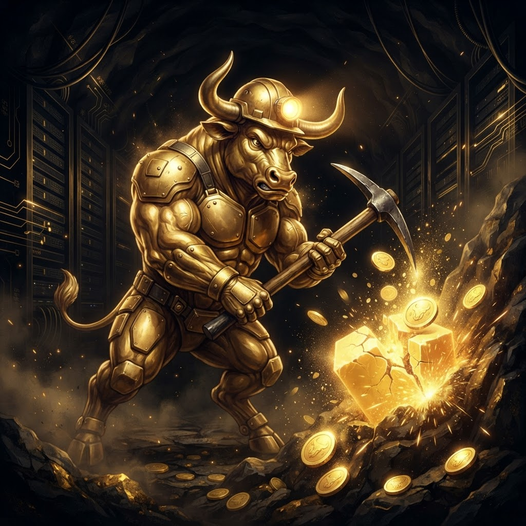 Golden ByteBull miner swinging a pickaxe into a glowing crypto block that spills ANSEM coins
